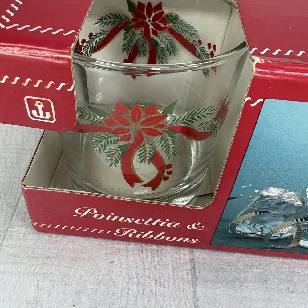 Anchor Hocking POINSETTIA & RIBBONS 89524 Rocks 9oz Whiskey Glasses Set 3 NEW